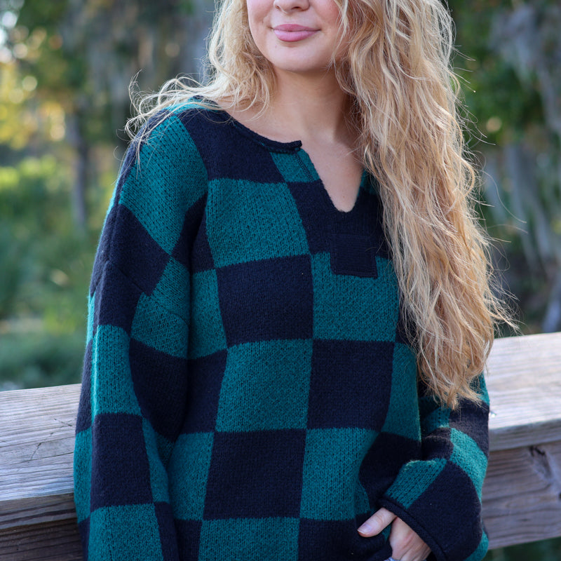 V Notch Checkered Sweater