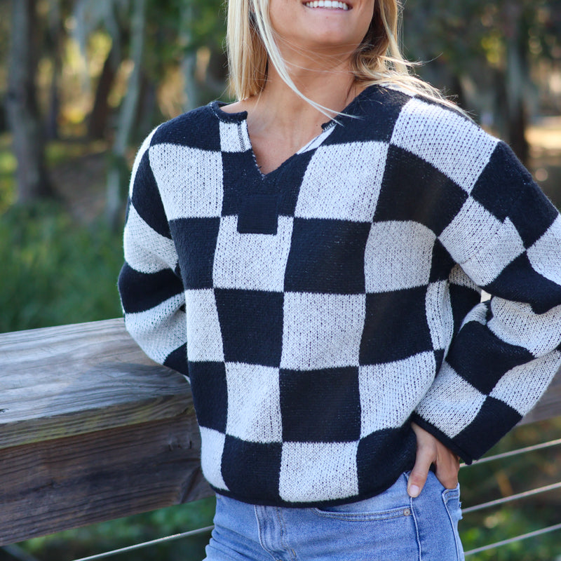 V Notch Checkered Sweater