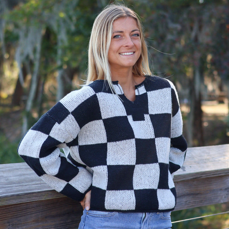 V Notch Checkered Sweater