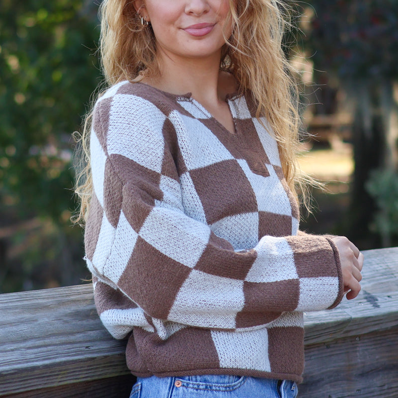 V Notch Checkered Sweater