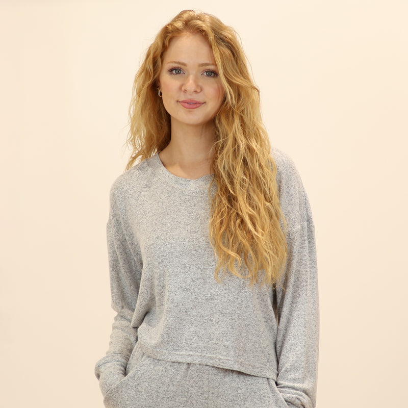 V-Neck Hacci Long Sleeve Top in Grey