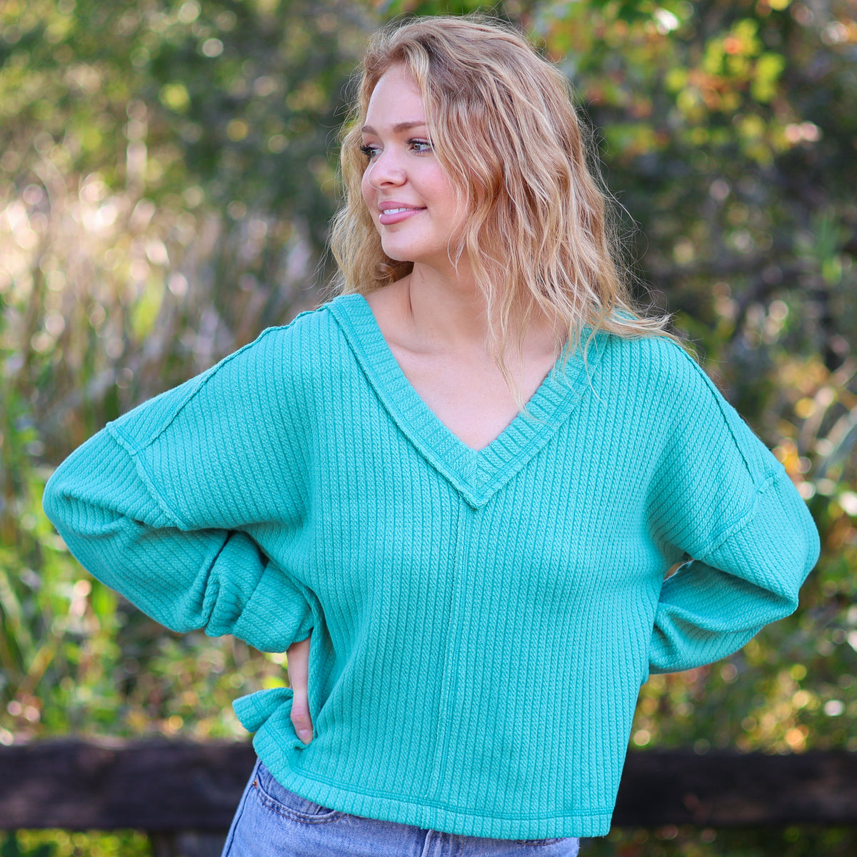 V-Neck Ribbed Cut Sew Sweater in Seafoam