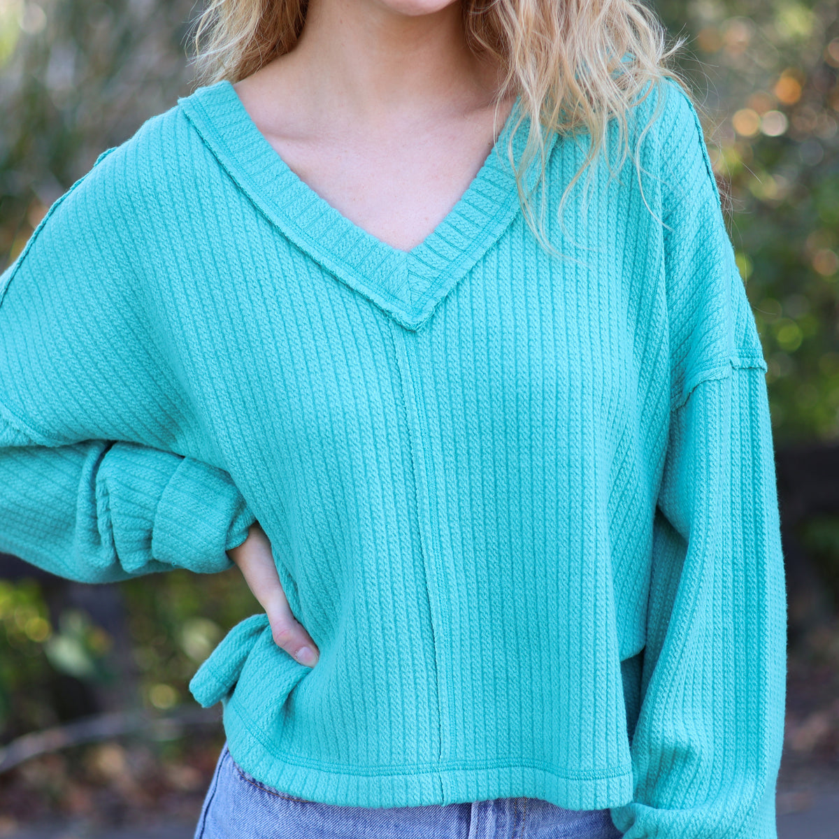 V-Neck Ribbed Cut Sew Sweater in Seafoam