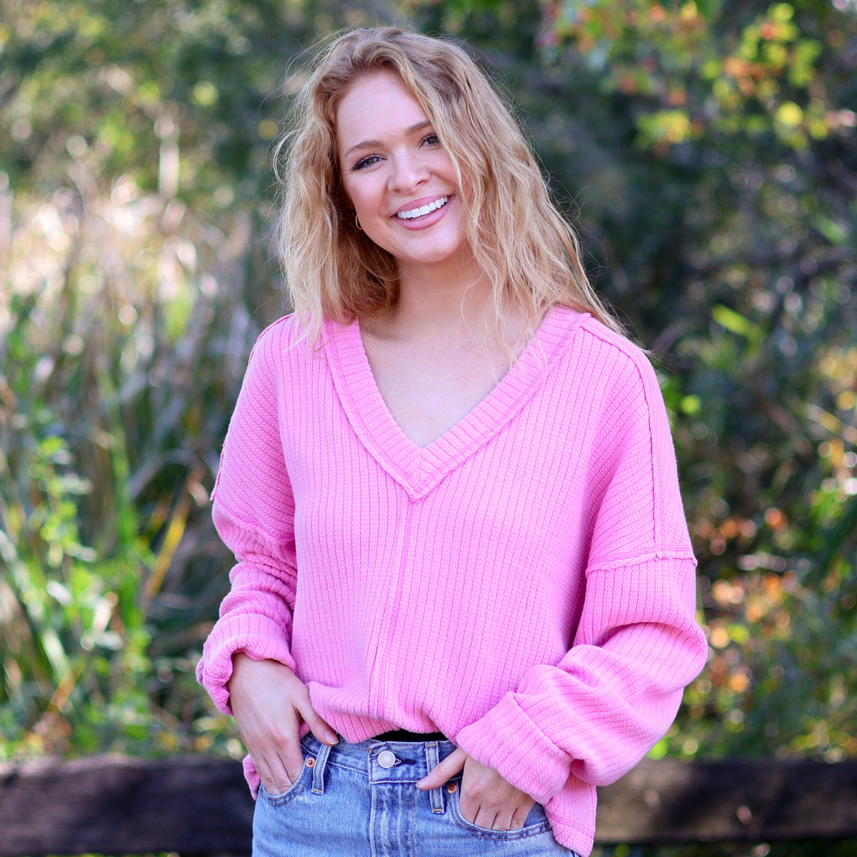 V-Neck Ribbed Cut Sew Sweater in Pink