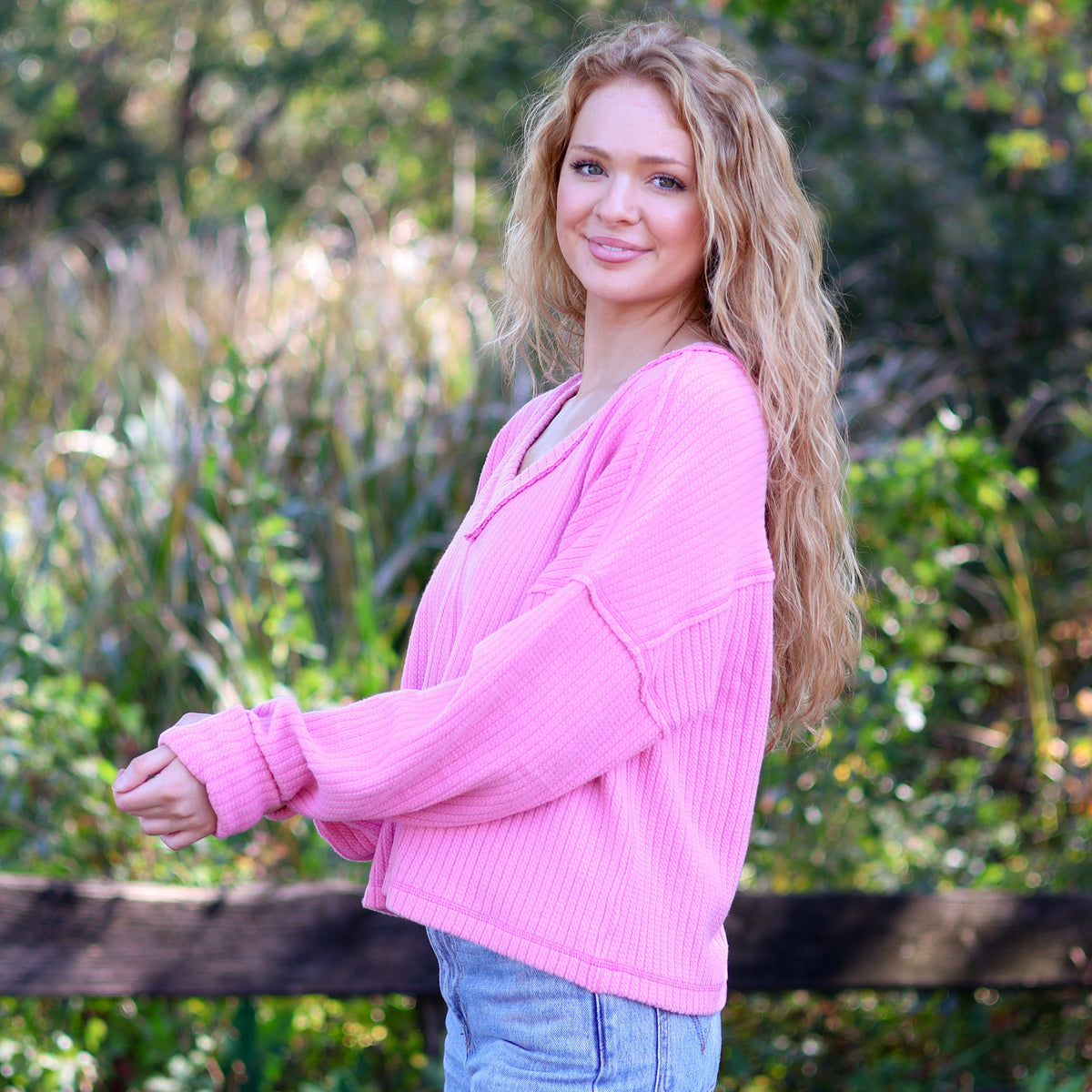 V-Neck Ribbed Cut Sew Sweater in Pink