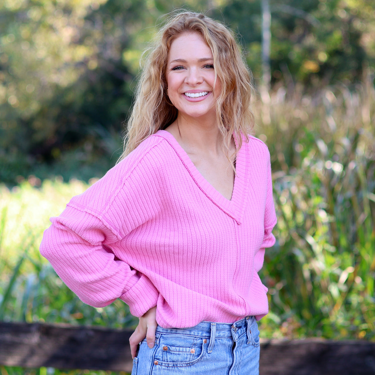 V-Neck Ribbed Cut Sew Sweater in Pink