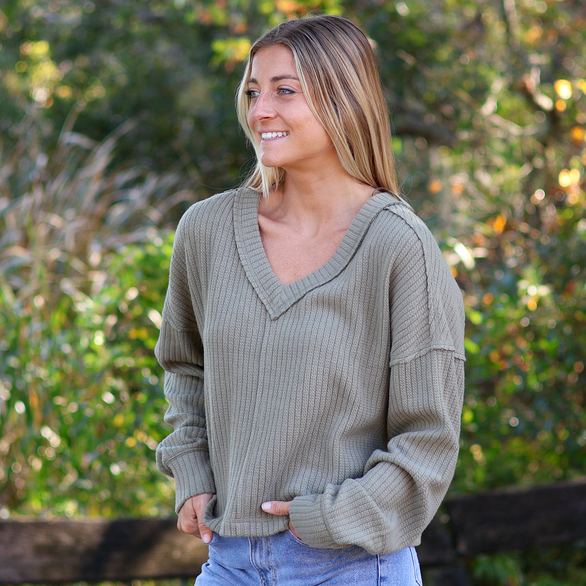 V-Neck Ribbed Cut Sew Sweater in Olive