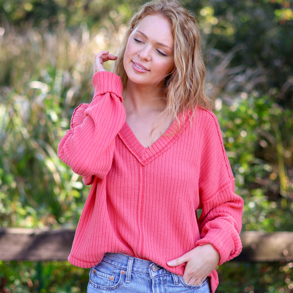 V-Neck Ribbed Cut Sew Sweater in Coral