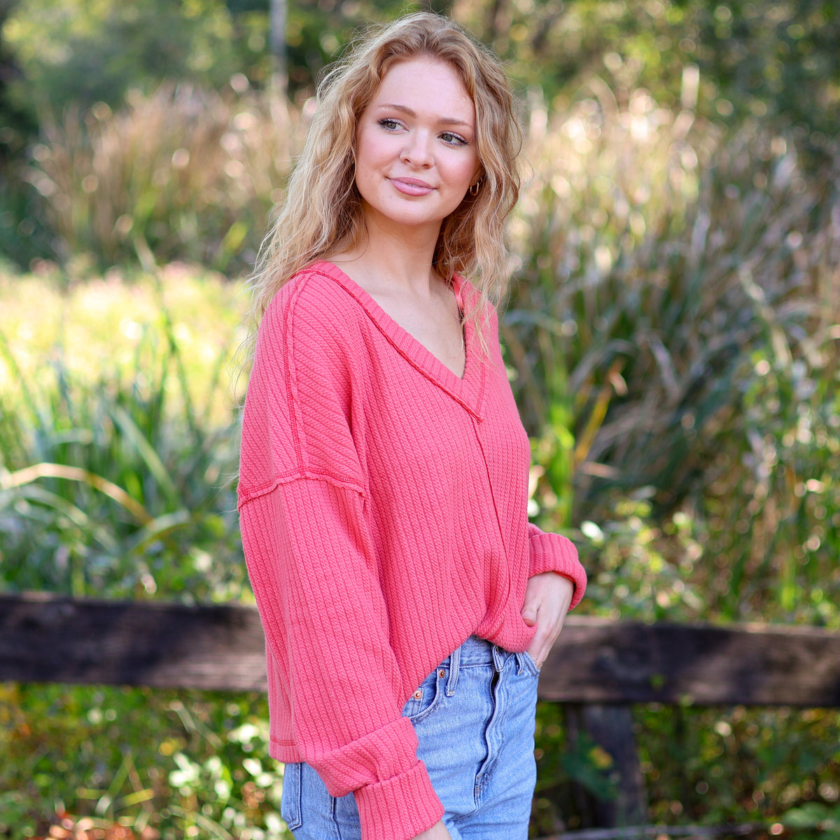 V-Neck Ribbed Cut Sew Sweater in Coral