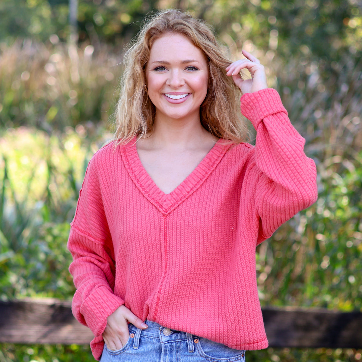 V-Neck Ribbed Cut Sew Sweater in Coral