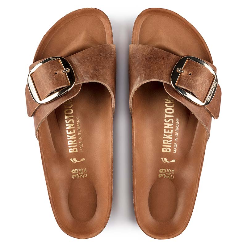 Women&#39;s Madrid Oiled Leather Big Buckle Sandals in Cognac