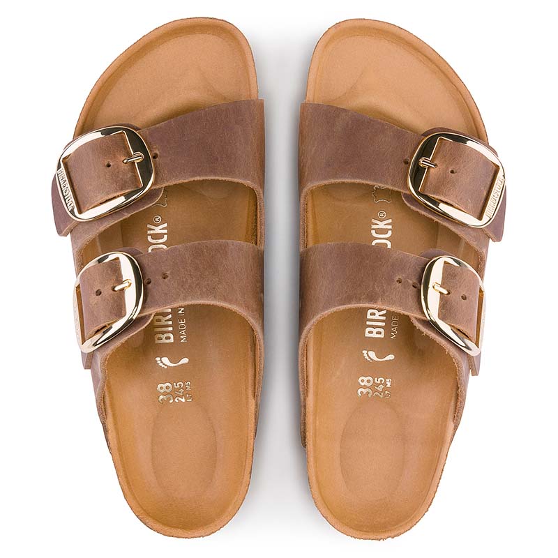 Women&#39;s Arizona Oiled Leather Big Buckle Sandals in Cognac