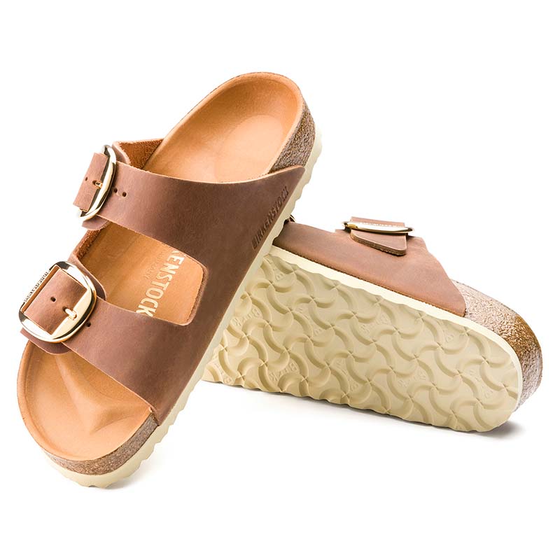 Women&#39;s Arizona Oiled Leather Big Buckle Sandals in Cognac