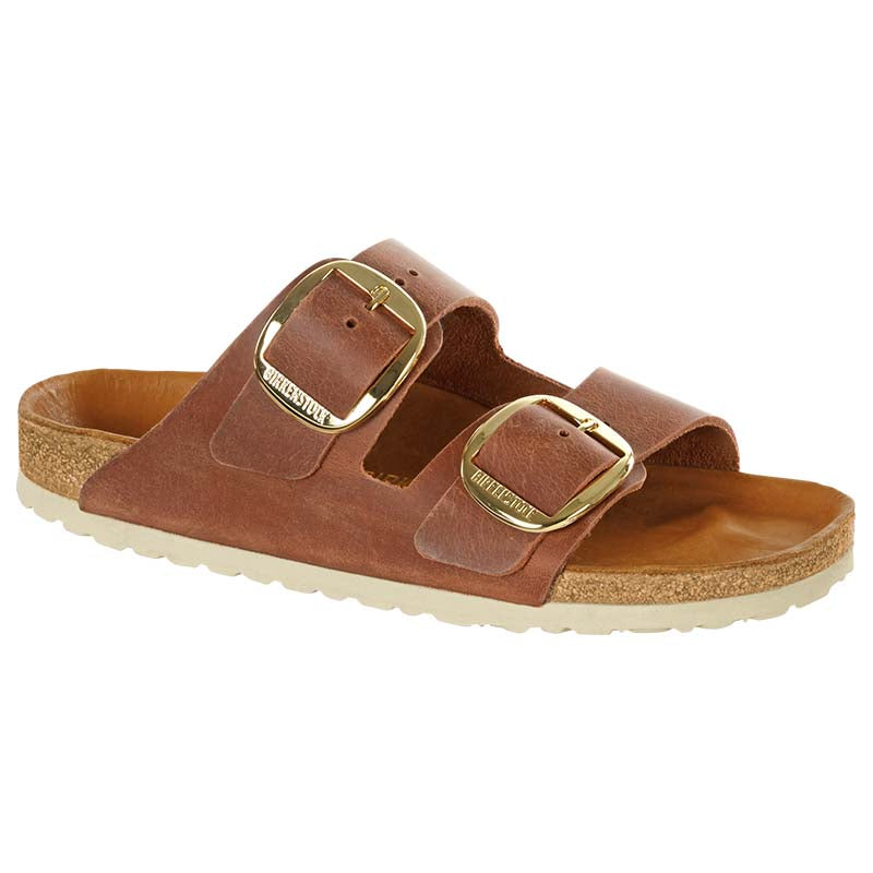 Women&#39;s Arizona Oiled Leather Big Buckle Sandals in Cognac