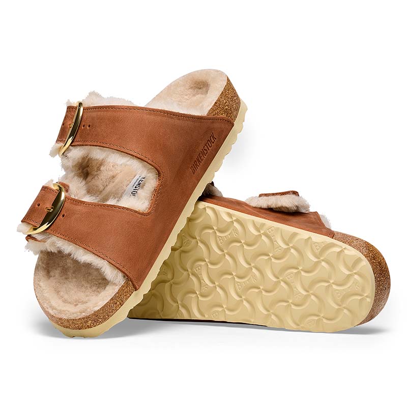 Women&#39;s Arizona Big Buckle Shearling Oiled Leather Sandals in Cognac