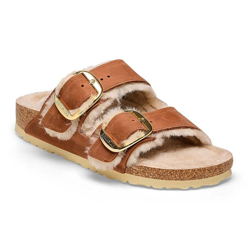 Women's Arizona Big Buckle Shearling Oiled Leather Sandals in Cognac