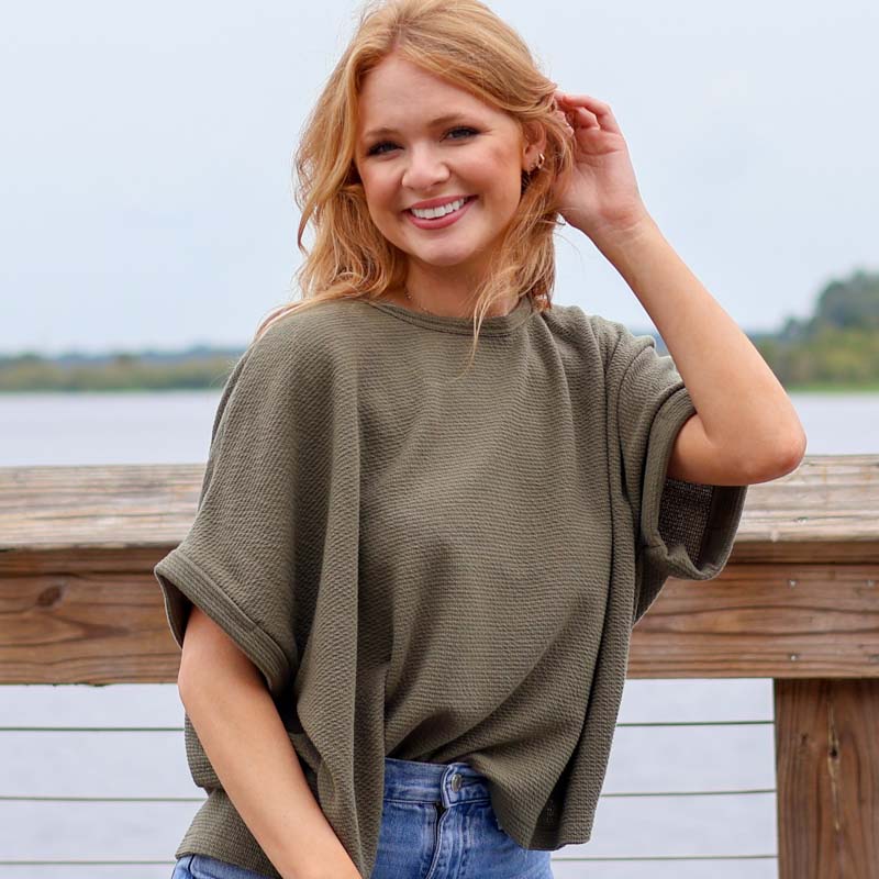 Dolman Sleeve Textured Top in New Olive