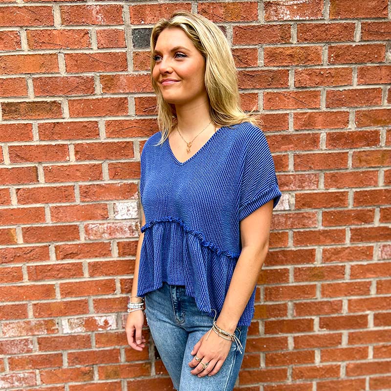 Collegiate Short Sleeve Ribbed V-Neck Babydoll Top in Indigo