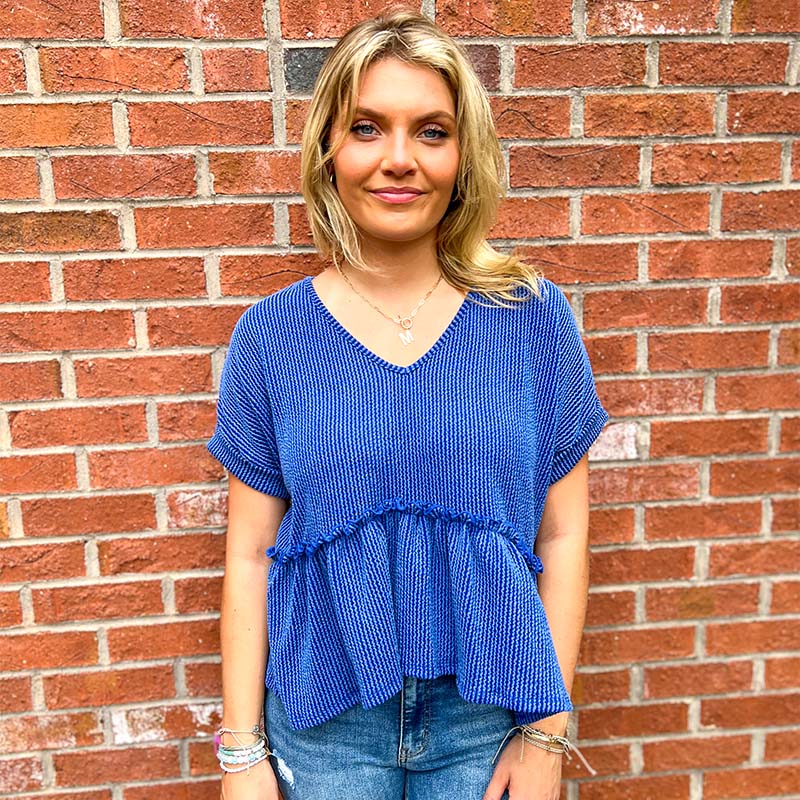 Collegiate Short Sleeve Ribbed V-Neck Babydoll Top in Indigo