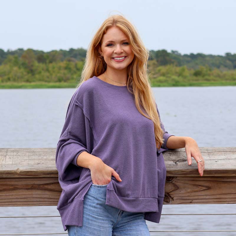 Long Sleeve Crepe Weekender Top in Dark Lavender