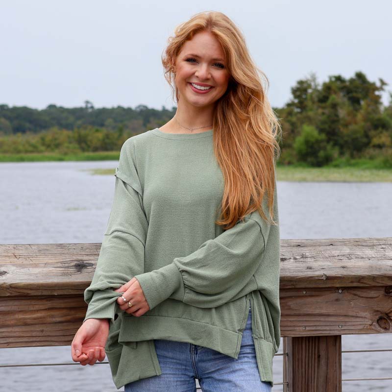 Long Sleeve Crepe Weekender Top in New Olive