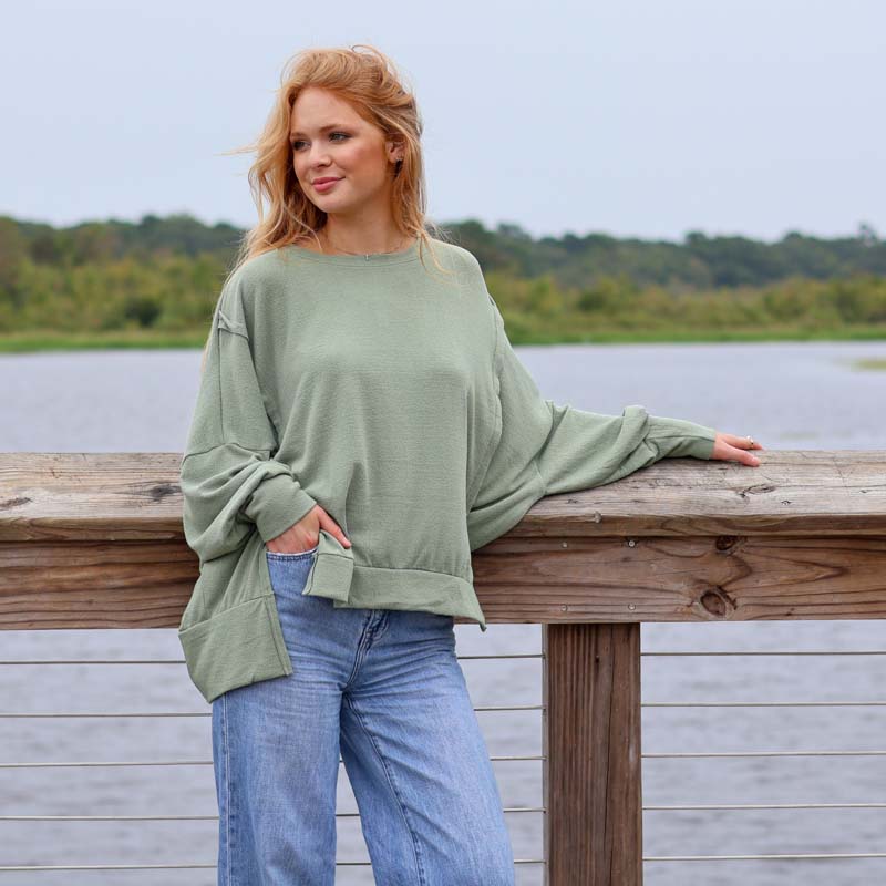 Long Sleeve Crepe Weekender Top in New Olive