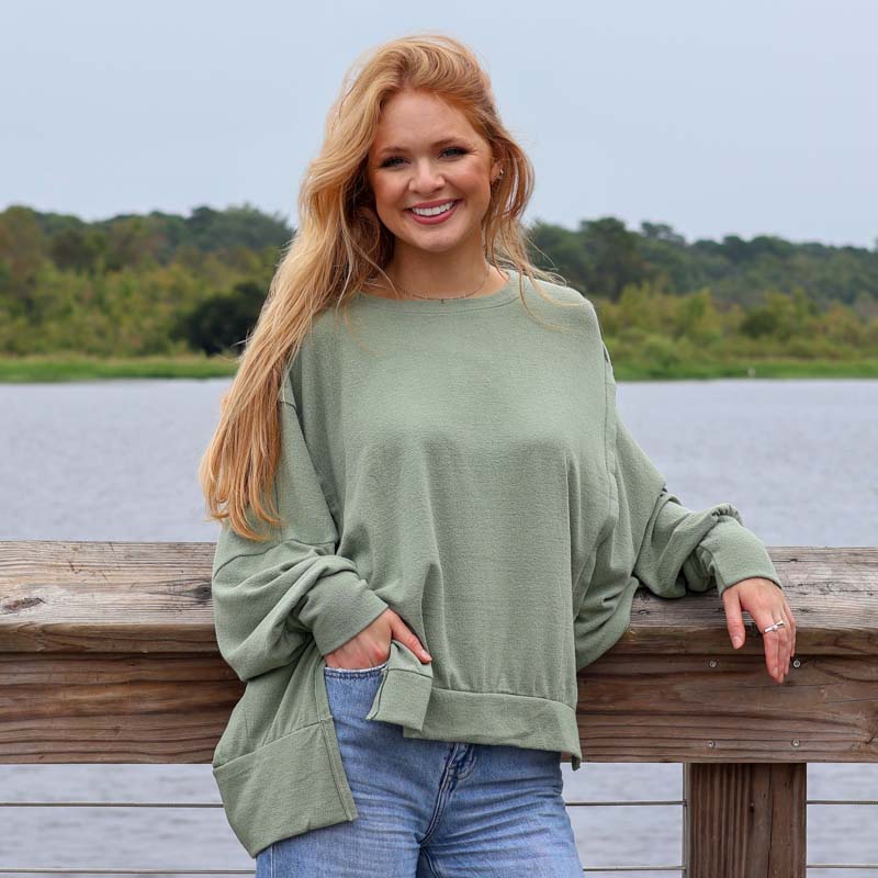 Long Sleeve Crepe Weekender Top in New Olive