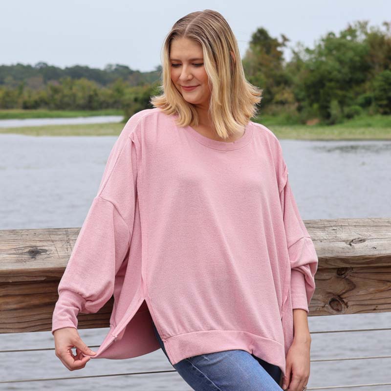 Long Sleeve Crepe Weekender Top in Pink