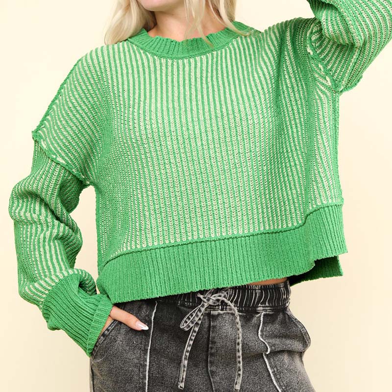 Two Toned Ribbed Hi-Lo Sweater