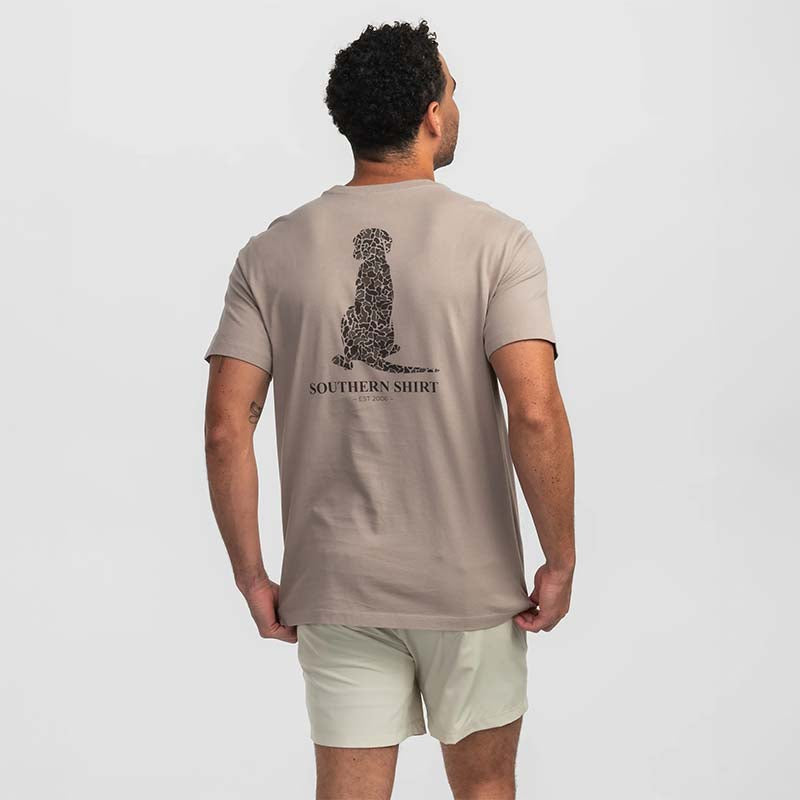 Back shot of Here Boy Camo Short Sleeve T-Shirt in River Rock