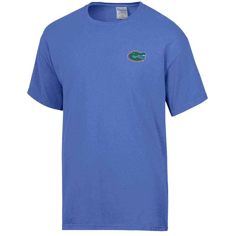 front of blue uf gators building short sleeve t shirt