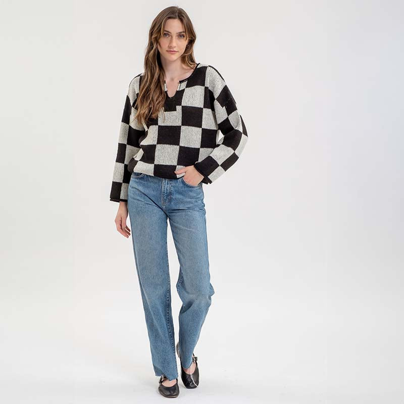 V Notch Checkered Sweater