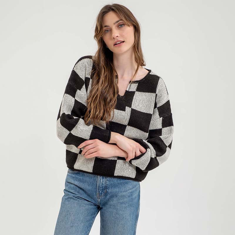 V Notch Checkered Sweater