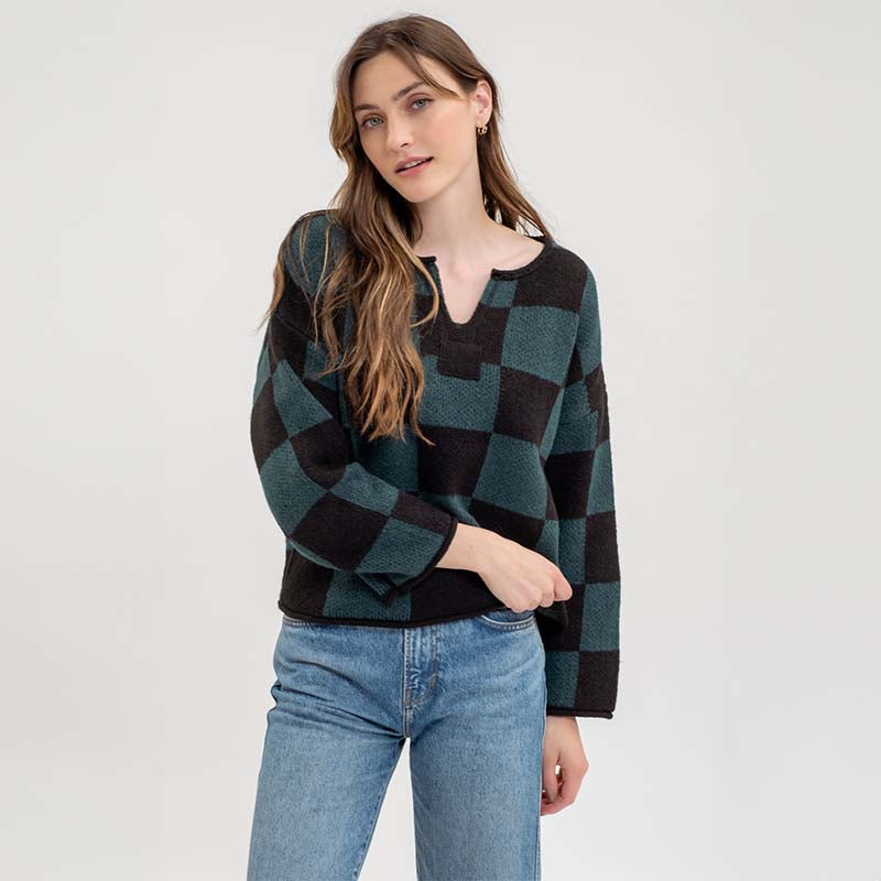 V Notch Checkered Sweater