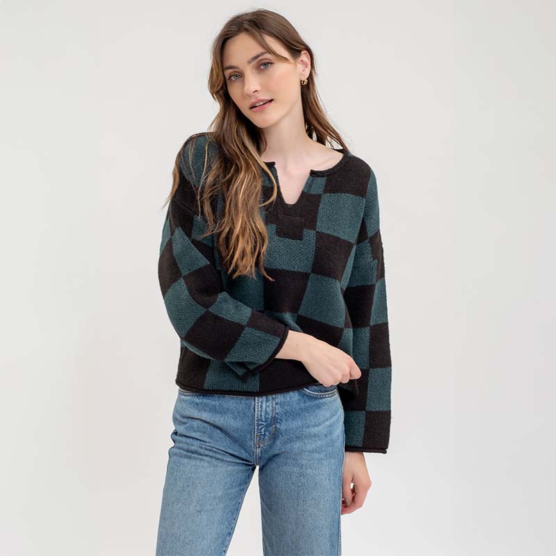 V Notch Checkered Sweater