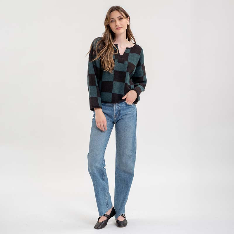 V Notch Checkered Sweater