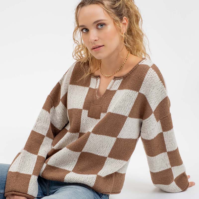 V Notch Checkered Sweater