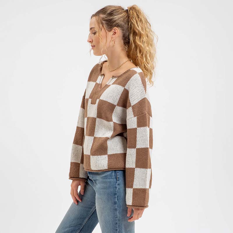 V Notch Checkered Sweater