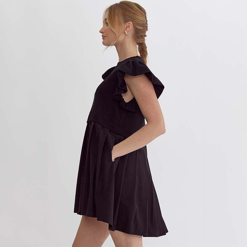 Bubble Sleeve Mixed Media Babydoll Dress