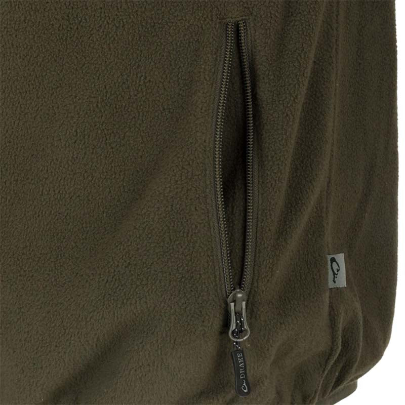 Zipper shot of Drake Waterfowl Camp Fleece Vest in Kalamata Olive