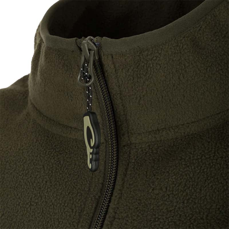 Close up of collar Drake Waterfowl Camp Fleece Vest in Kalamata Olive