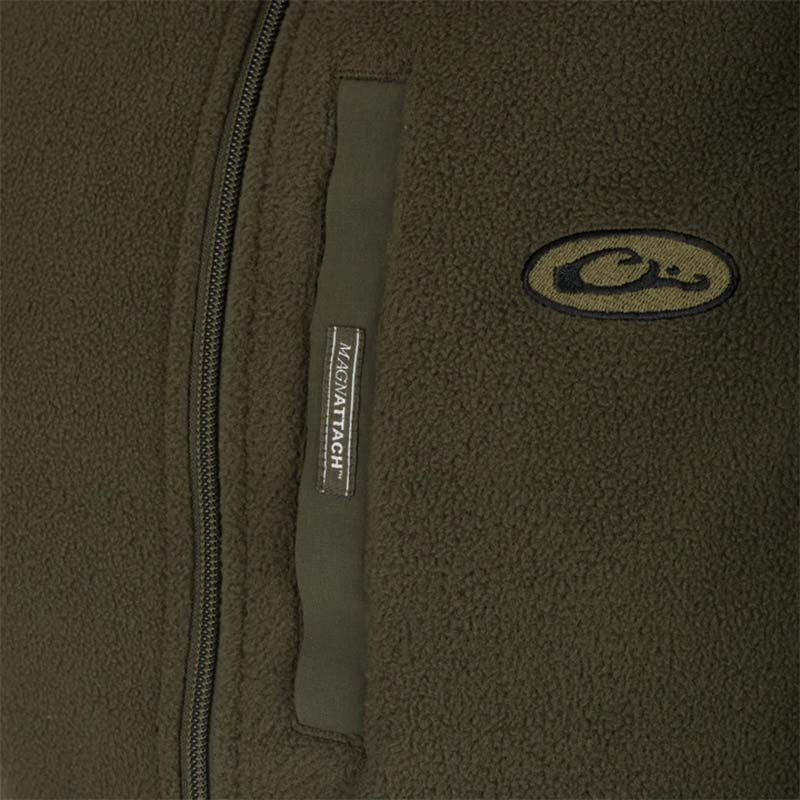 Close up shot of Drake Waterfowl Camp Fleece Vest in Kalamata Olive