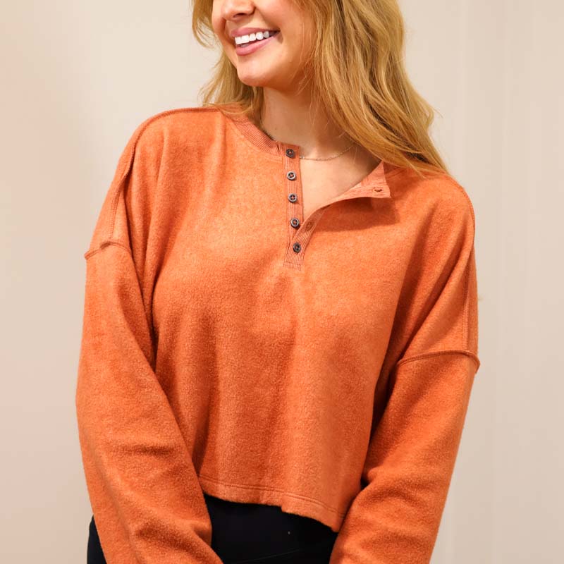 Henley Crop Long Sleeve T-Shirt in clay