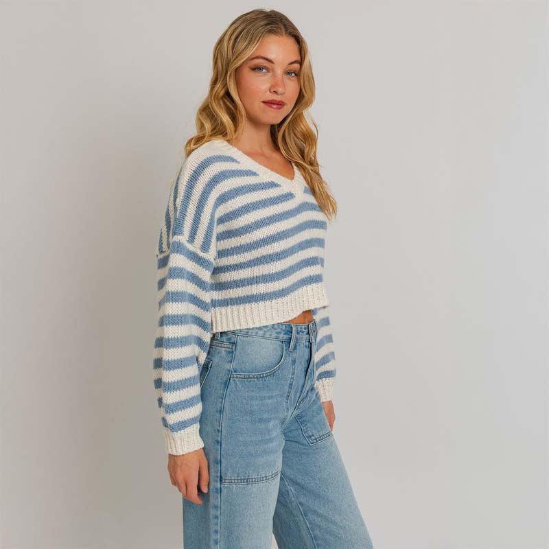 V-Neck Stripe Cropped Sweater