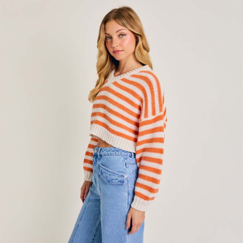 V-Neck Stripe Cropped Sweater