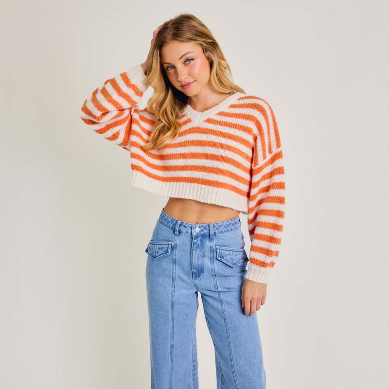 V-Neck Stripe Cropped Sweater