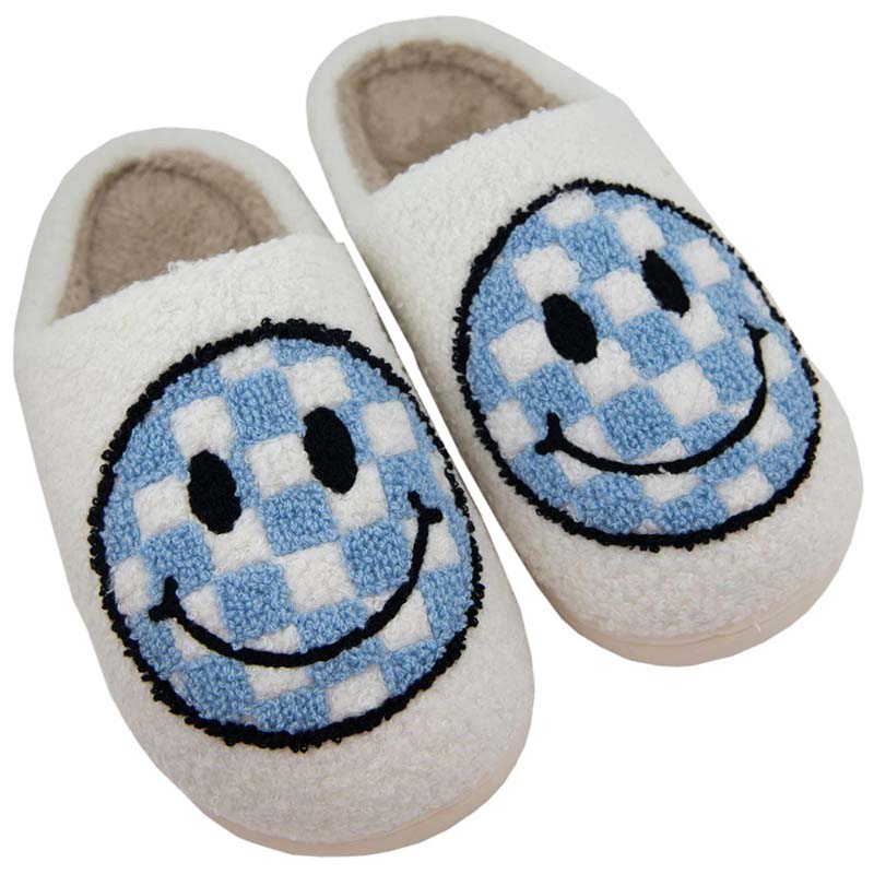 Checkered Blue Smiley Slippers