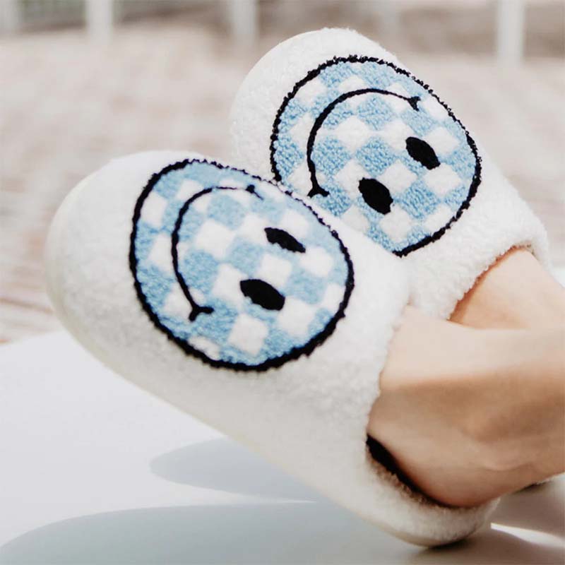 Checkered Blue Smiley Slippers