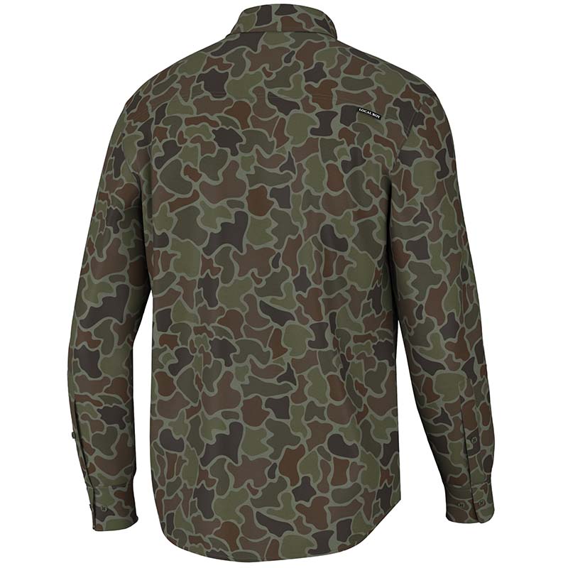 Back shot of Camo Button Up Shirt in Localflage OD