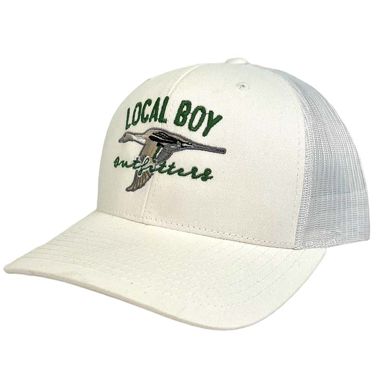 local boy outfitters white luck duck trucker hat